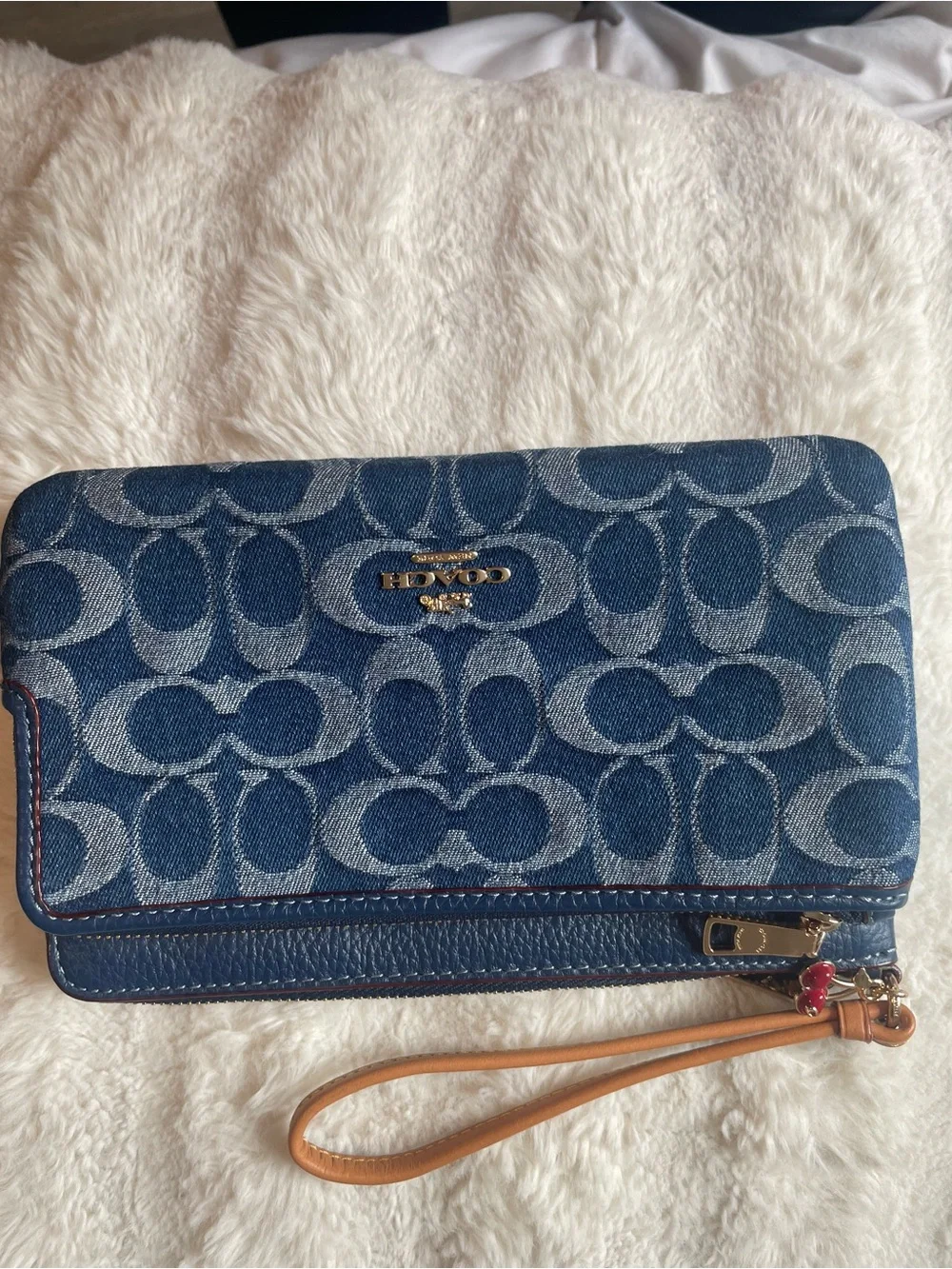 Coach Double Zip Denim Blue Signature Denim Wristlet